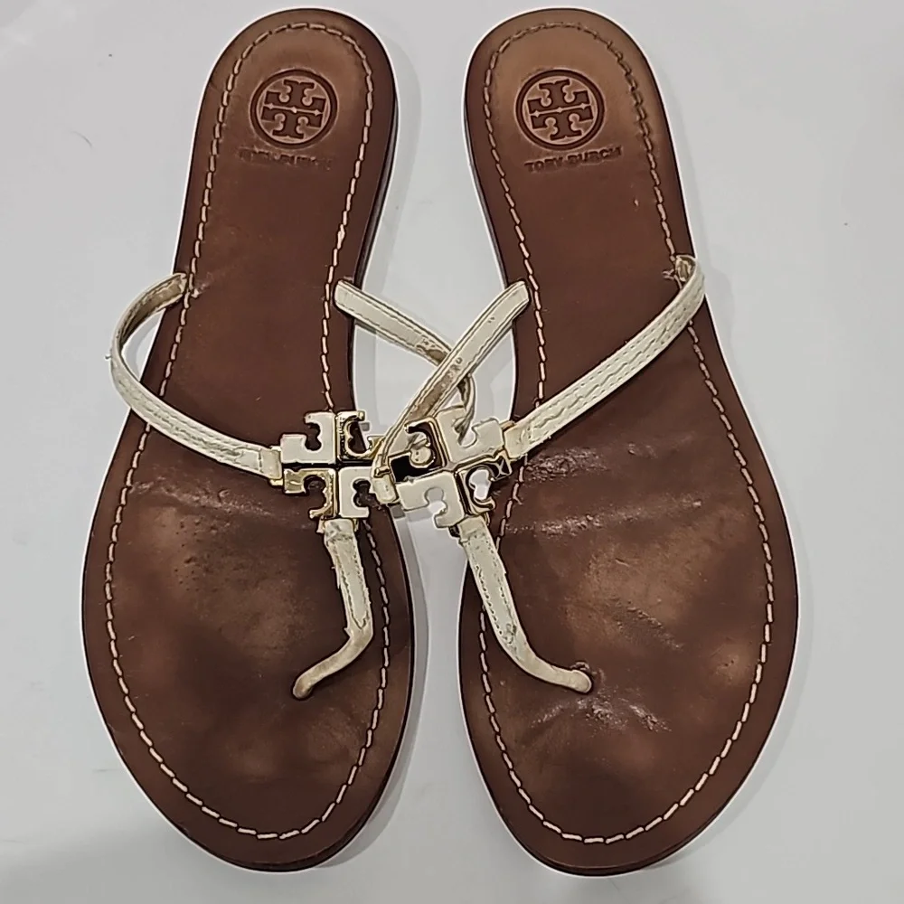 Tory Burch Thong Sandal Logo White Leather Size 8M flats